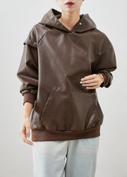 Chocolate Faux Leather Loose Sweatshirt Hooded Fall