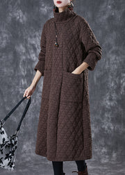 Chocolate Fine Cotton Filled Maxi Dresses Turtle Neck Winter