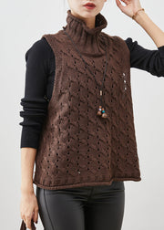 Chocolate Hollow Out Knit Vests Turtle Neck Spring