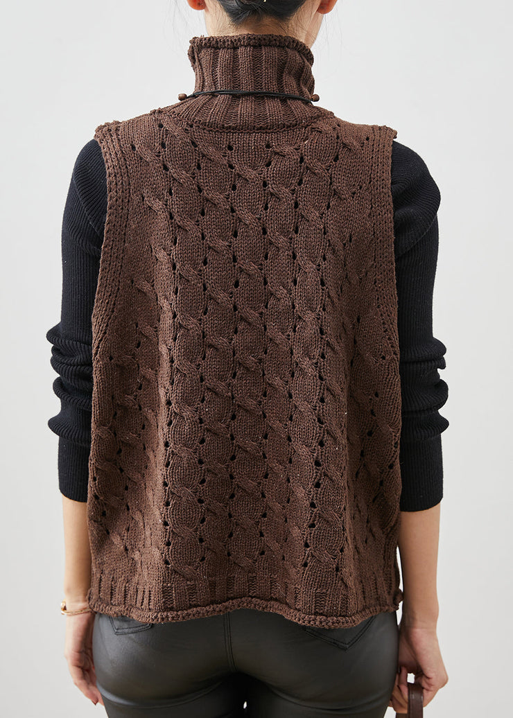 Chocolate Hollow Out Knit Vests Turtle Neck Spring