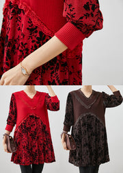 Chocolate Jacquard Patchwork Silk Velour Dresses V Neck Fall