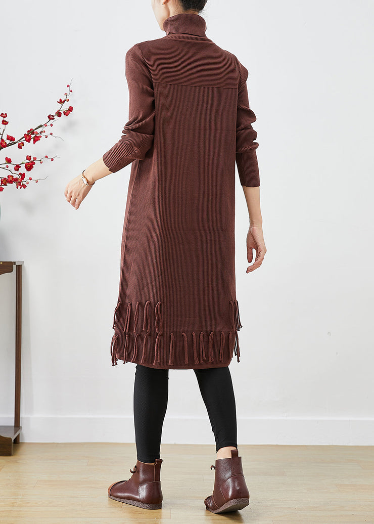 Chocolate Knit Sweater Dress High Neck Tasseled Fall