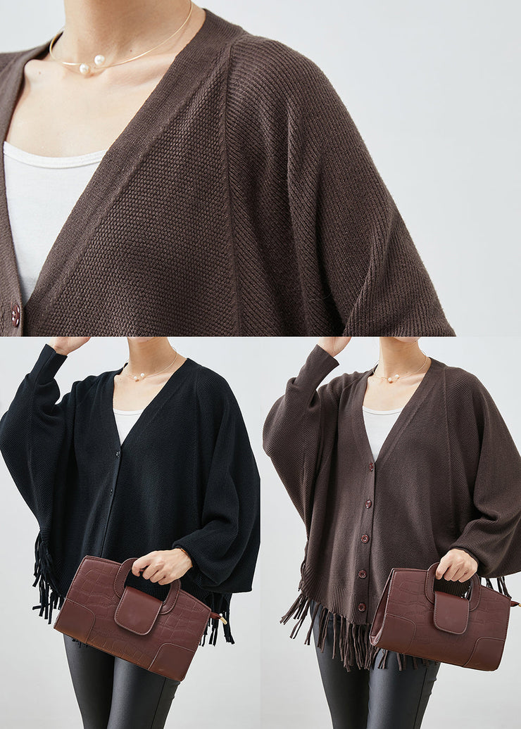 Chocolate Loose Knit Coats V Neck Tasseled Fall