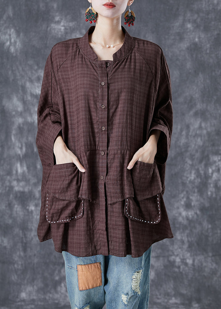 Chocolate Loose Linen Shirt Stand Collar Pockets Batwing Sleeve