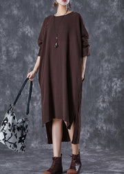 Chocolate Oversized Linen Dresses Low High Design Batwing Sleeve