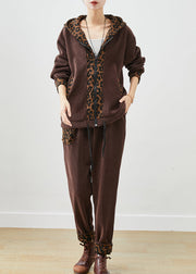 Chocolate Patchwork Leopard Warm Fleece Corduroy Two Piece Set Outfits Winter