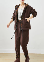 Chocolate Patchwork Leopard Warm Fleece Corduroy Two Piece Set Outfits Winter