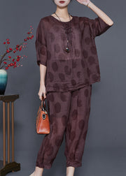 Chocolate Print Linen 2 Piece Outfit Chinese Button Summer