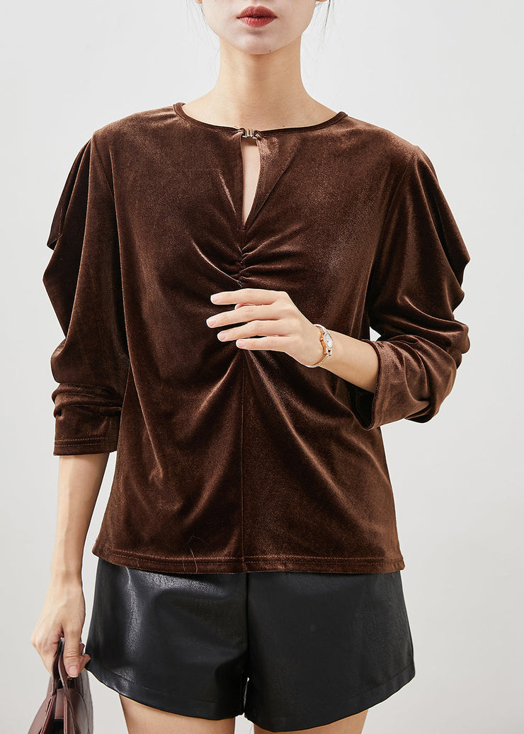 Chocolate Silk Velour Blouses Wrinkled Puff Sleeve