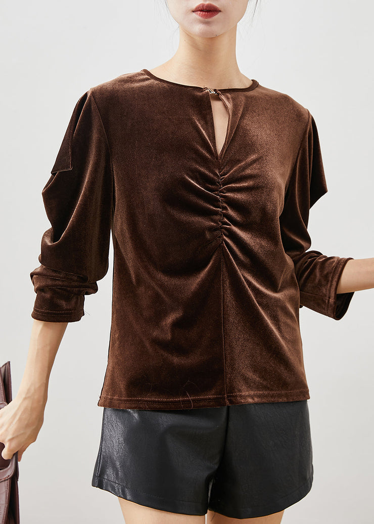 Chocolate Silk Velour Blouses Wrinkled Puff Sleeve