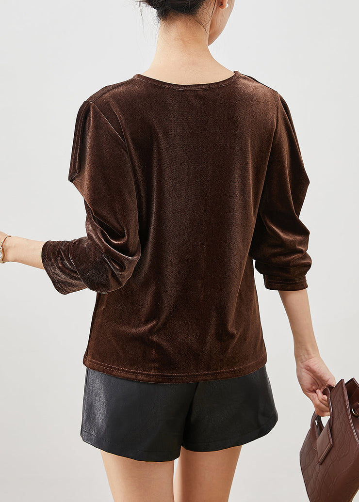 Chocolate Silk Velour Blouses Wrinkled Puff Sleeve