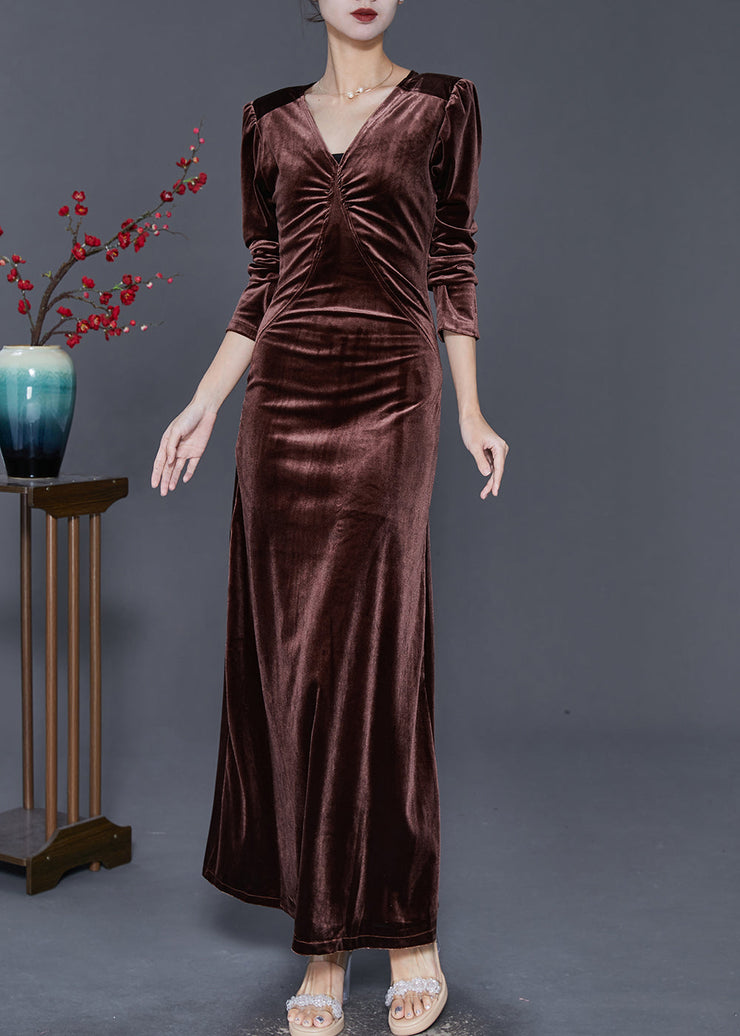 Chocolate Silm Fit Silk Velour Long Dresses V Neck Fall