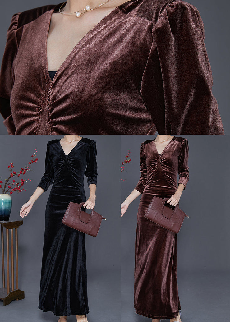 Chocolate Silm Fit Silk Velour Long Dresses V Neck Fall