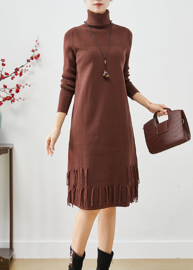 Chocolate Silm Knit Dress Tasseled Turtle Neck Fall