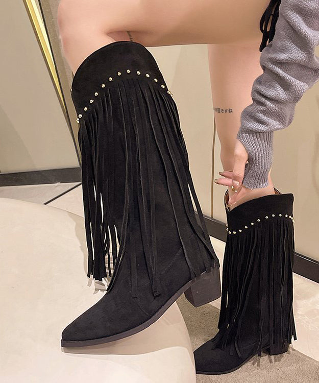 Chocolate Tassel Rivet Stylish Splicing Chunky Boots