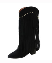 Chocolate Tassel Rivet Stylish Splicing Chunky Boots