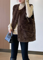 Chocolate Thick Faux Fur Teddy Vests Zip Up Pockets Winter