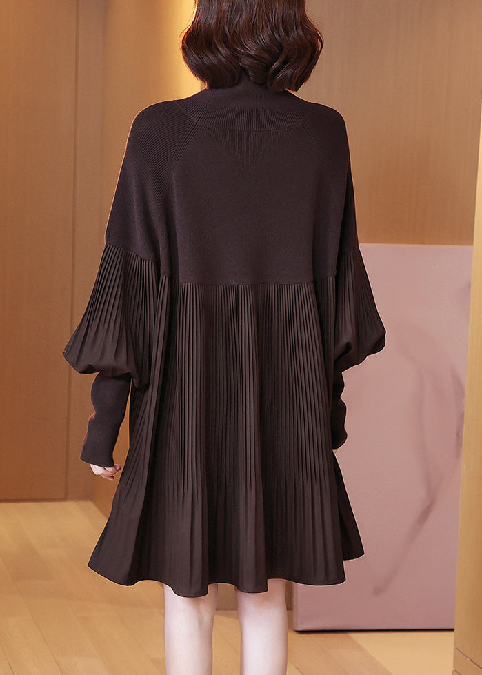 Chocolate Turtleneck Knit Long Dress Lantern Sleeve