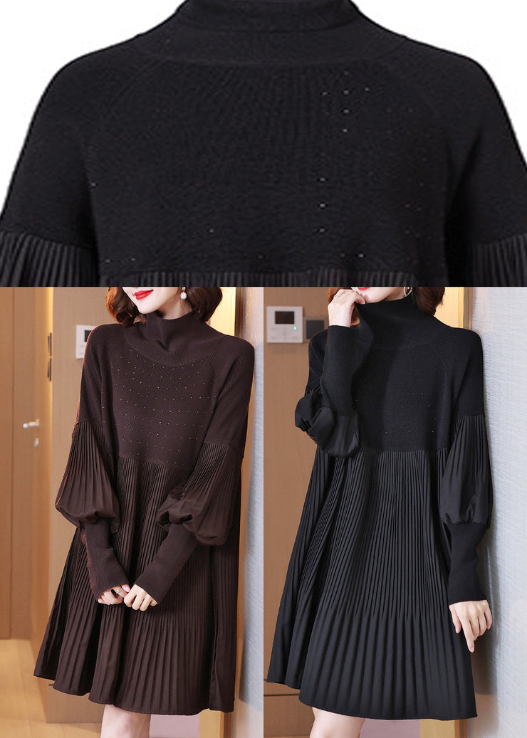 Chocolate Turtleneck Knit Long Dress Lantern Sleeve