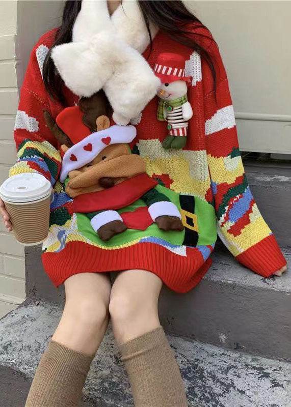 Christmas Themed Elk Sweater Women Red With Loose And Lazy Style