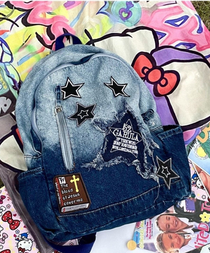 Classic Gradient Blue Denim Patch Large Capacity Backpack Bag