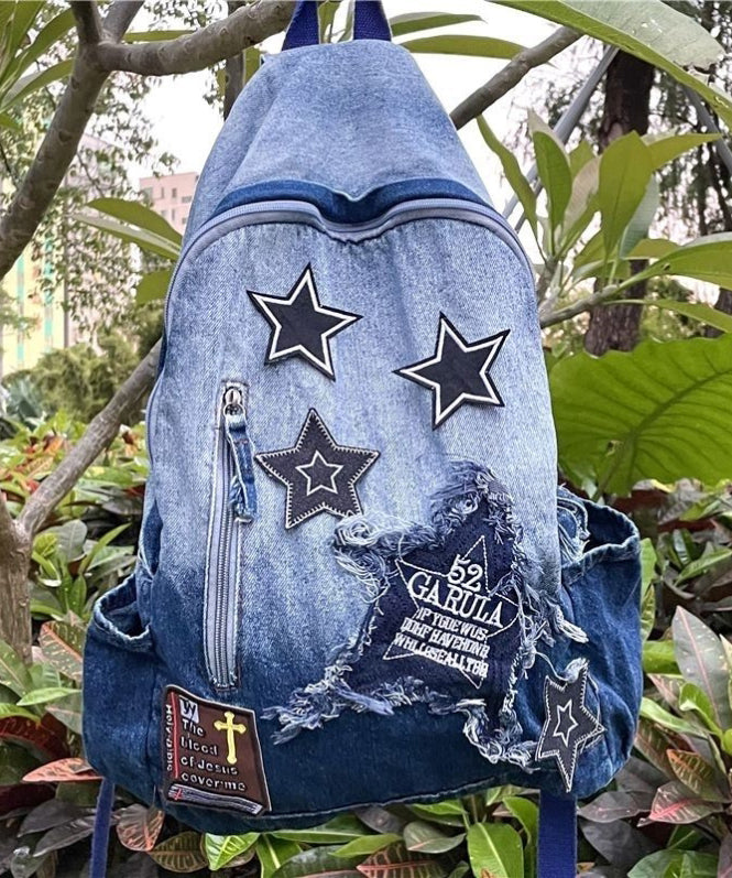 Classic Gradient Blue Denim Patch Large Capacity Backpack Bag