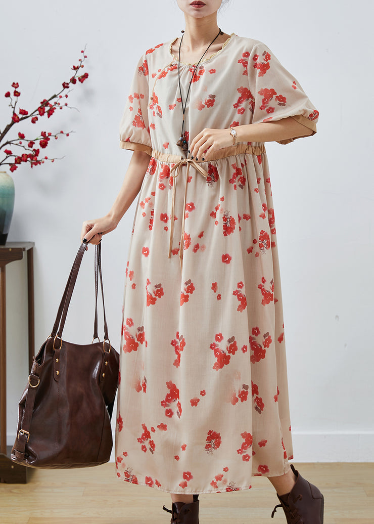 Classy Apricot Cinched Print Cotton Dresses Summer