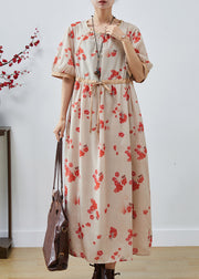Classy Apricot Cinched Print Cotton Dresses Summer