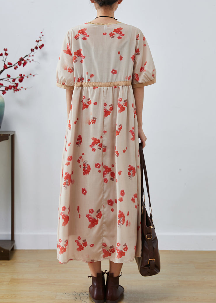 Classy Apricot Cinched Print Cotton Dresses Summer