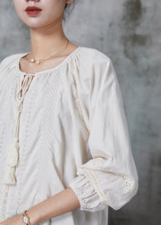 Classy Apricot Embroidered Tasseled Cotton Shirt Tops Spring