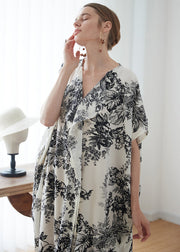 Classy Apricot V Neck Print Patchwork Cotton Robe Dresses Summer