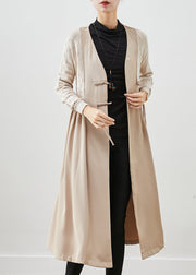 Classy Beige Chinese Button Knit Patchwork Cotton Long Dress Fall