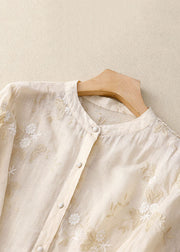 Classy Beige Embroideried Button Patchwork Cotton Shirt Tops Summer