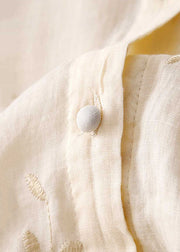 Classy Beige Embroideried Button Patchwork Cotton Shirt Tops Summer