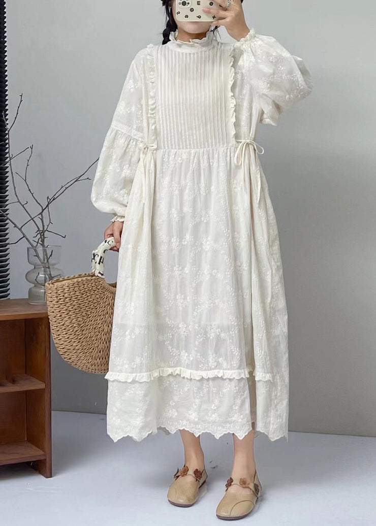 Classy Beige Embroideried Ruffled Lace Up Cotton Long Dress Spring