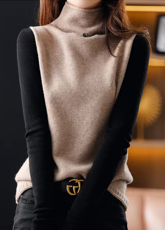 Classy Beige Hign Neck Patchwork Woolen Knit Vest Sleeveless