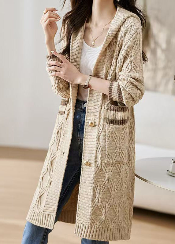 Classy Beige Hooded Pockets Knit Loose Cardigan Fall