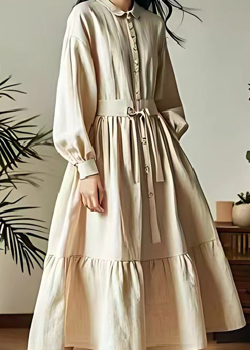 Classy Beige Lace Up Button Wrinkled Cotton Dresses Long Sleeve