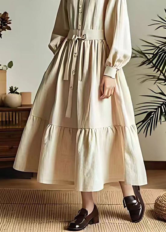 Classy Beige Lace Up Button Wrinkled Cotton Dresses Long Sleeve