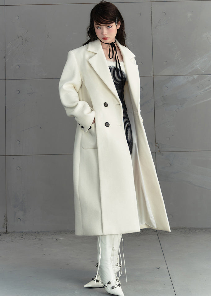 Classy Beige Notched Pockets Button Woolen Maxi Coat Fall