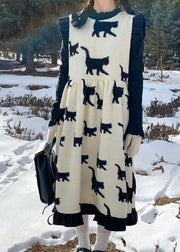 Classy Beige O-Neck Bow Cats Print Wrinkled Ruffled Patchwork Woolen Long Dress Fall