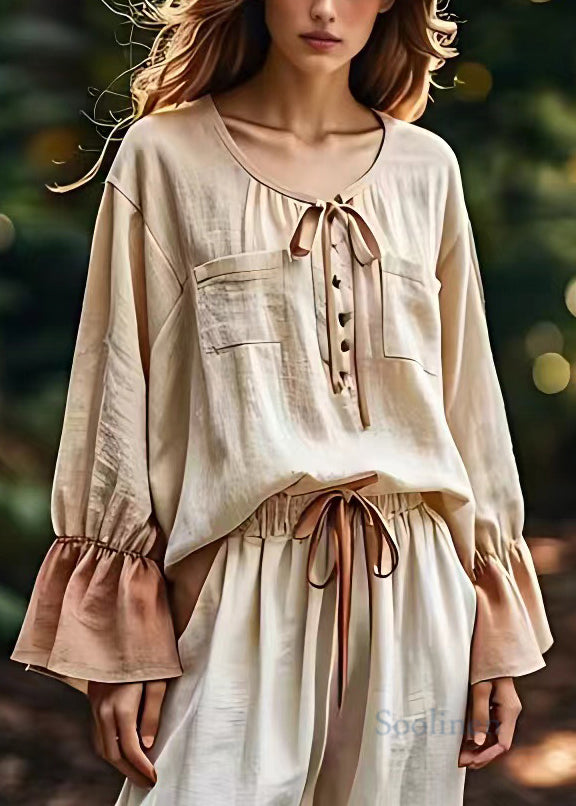 Classy Beige O Neck Lace Up Pockets Cotton Shirt Long Sleeve