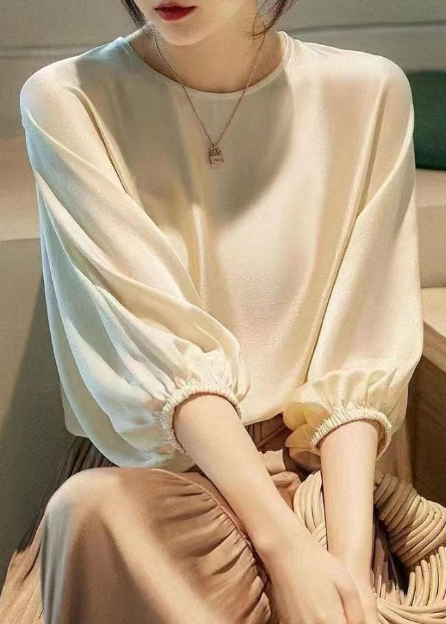 Classy Beige O Neck Patchwork Silk Shirt Top Batwing Sleeve