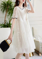 Classy Beige O Neck Plaid Patchwork Chiffon Dress Summer