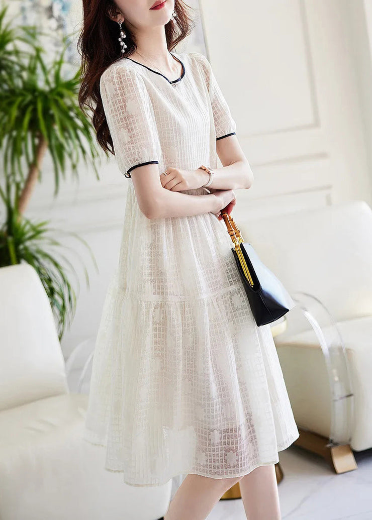 Classy Beige O Neck Plaid Patchwork Chiffon Dress Summer