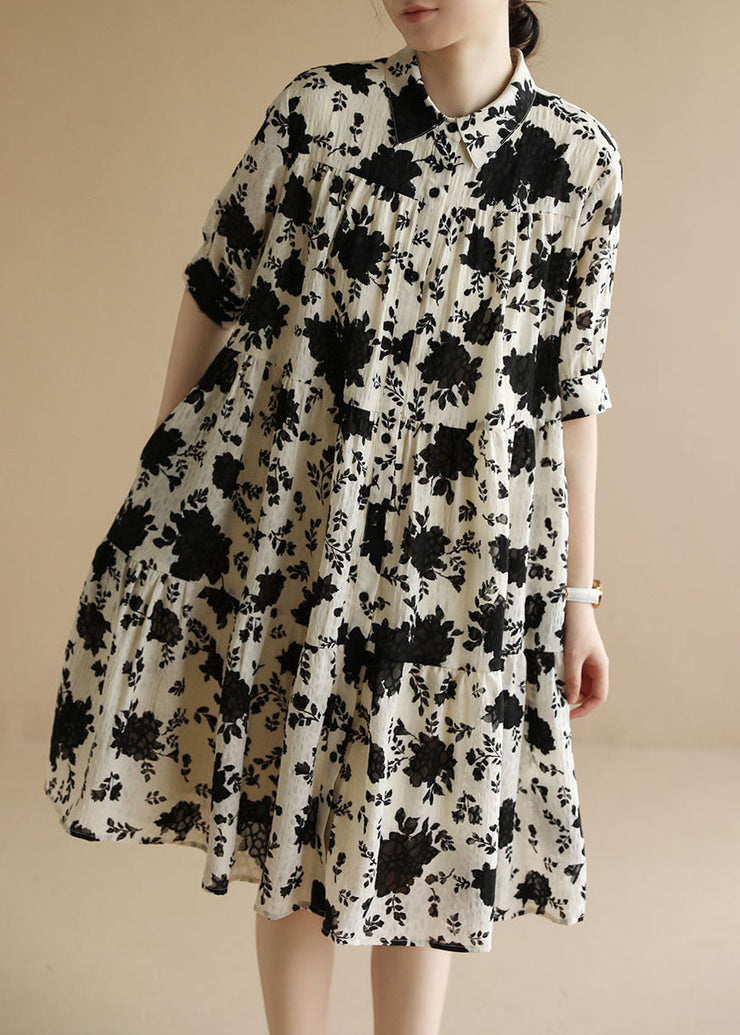 Classy Beige Peter Pan Collar Wrinkled Black Floral Party Dress Short Sleeve