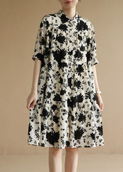 Classy Beige Peter Pan Collar Wrinkled Black Floral Party Dress Short Sleeve