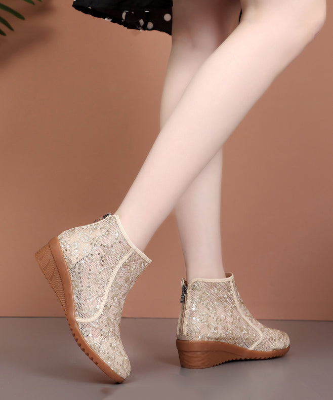 Classy Beige Tulle Sequins Splicing Wedge Boots