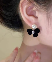 Classy Black Alloy Inlaid Crystal Pearl Bow Pile Coating Stud Earrings