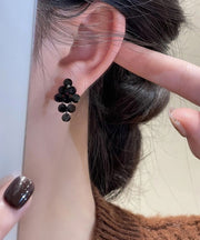 Classy Black Alloy Zircon Tassel Stud Earrings